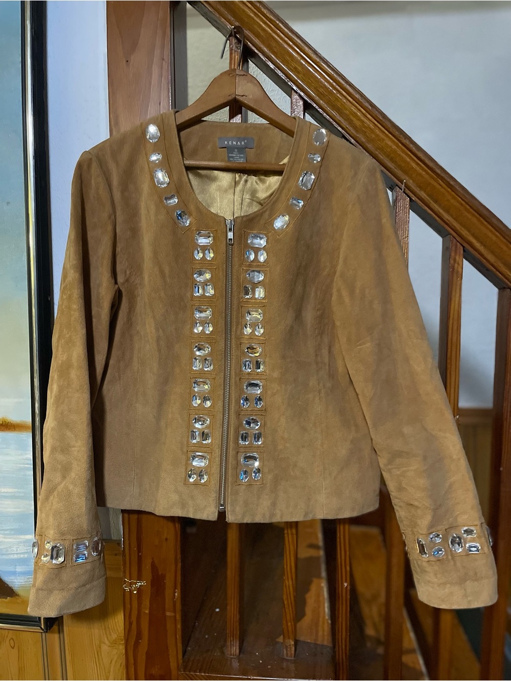 Vintage Genuine Leather Suede Tan Jacket with Silver Rhinestones, Women’s 12